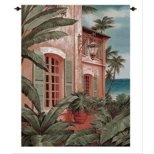 Tropical Villa with Lush Palm Trees Grande Tapestry Wall Hanging 70in x 90in